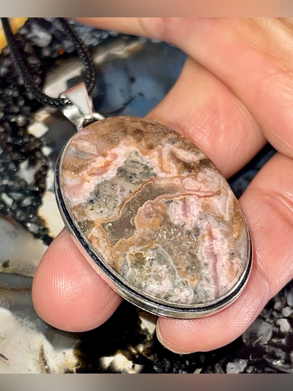 Pink Rhodochrosite in Pyrite Pendant 2 1/4”